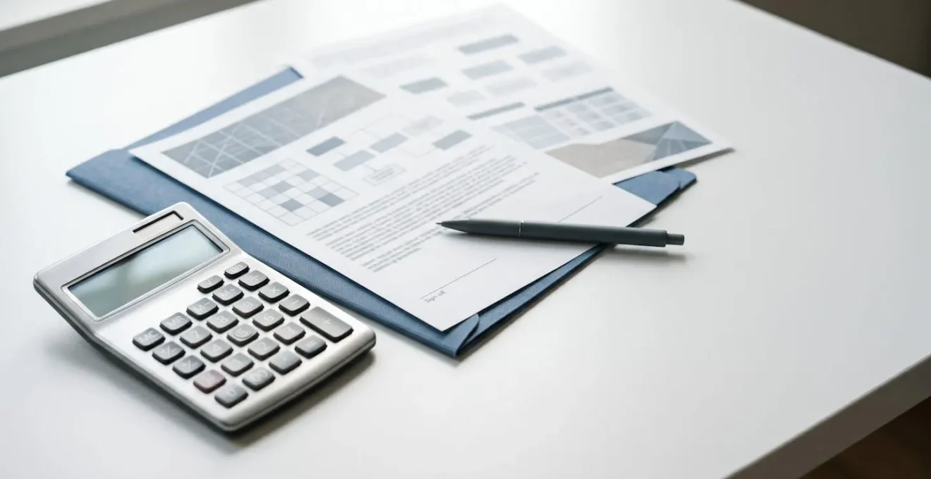 Composition symbolique représentant l'analyse financière d'un dossier de crédit immobilier avec documents et calculatrice dans un environnement professionnel épuré