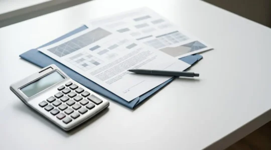 Composition symbolique représentant l'analyse financière d'un dossier de crédit immobilier avec documents et calculatrice dans un environnement professionnel épuré