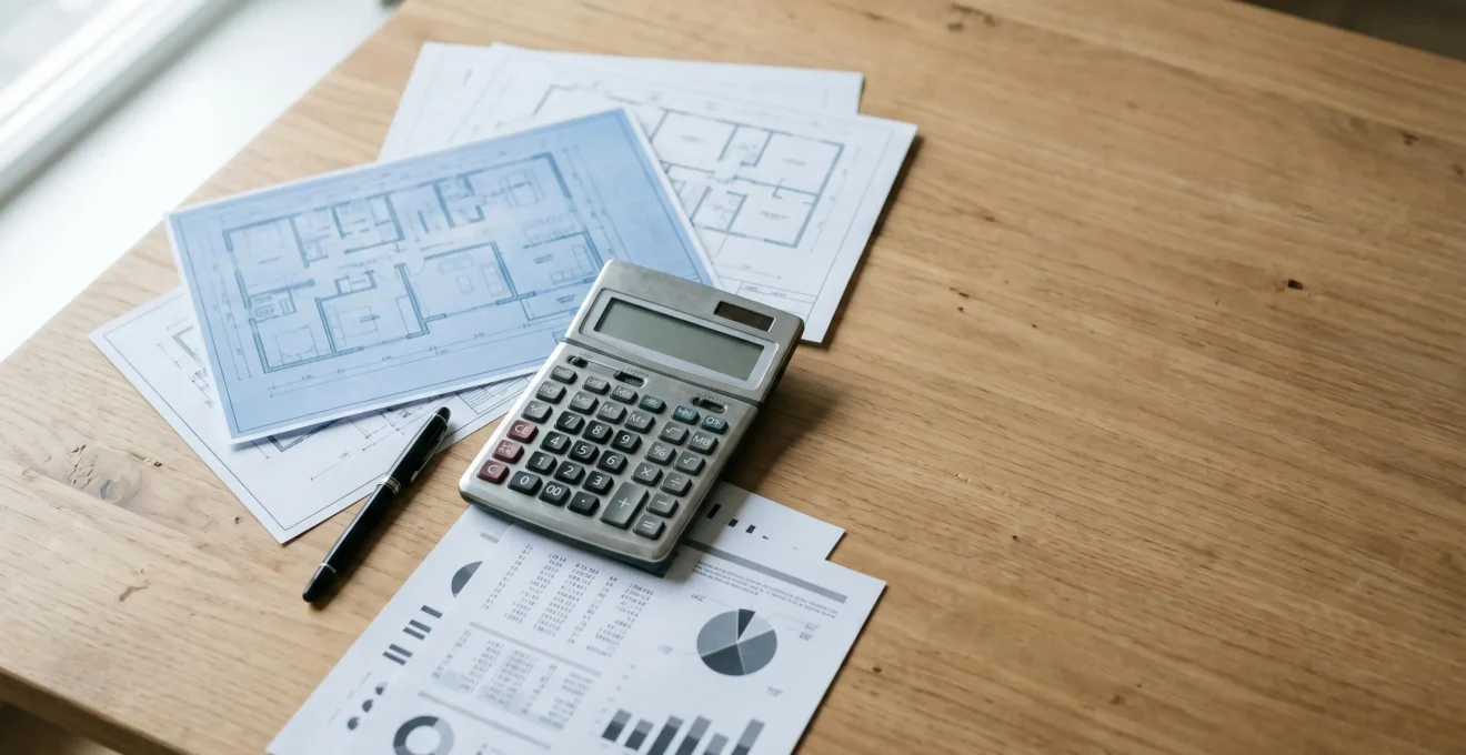 Calculatrice et documents financiers pour l'achat immobilier illustrant le calcul des frais de notaire