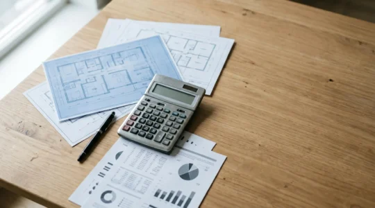 Calculatrice et documents financiers pour l'achat immobilier illustrant le calcul des frais de notaire