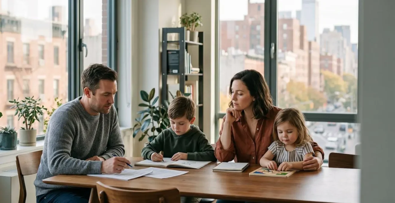 Famille de quatre personnes en environnement urbain réfléchissant à leur budget familial