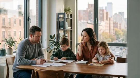 Famille de quatre personnes en environnement urbain réfléchissant à leur budget familial
