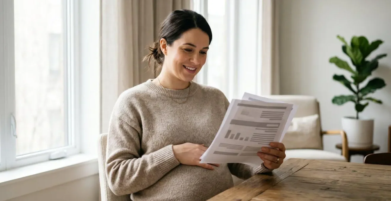 Femme enceinte consultant sereinement des documents de mutuelle santé dans un environnement lumineux
