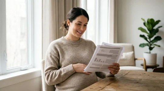Femme enceinte consultant sereinement des documents de mutuelle santé dans un environnement lumineux