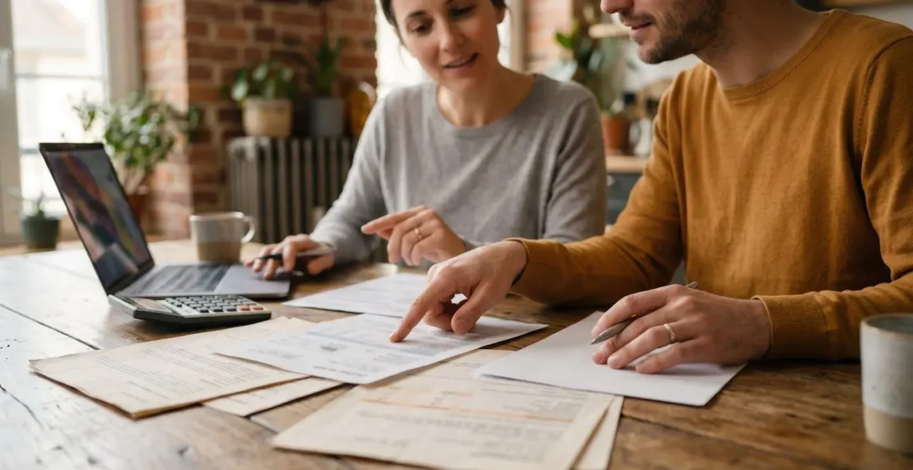 Couple consultant des documents de financement pour rénovation énergétique dans un intérieur chaleureux