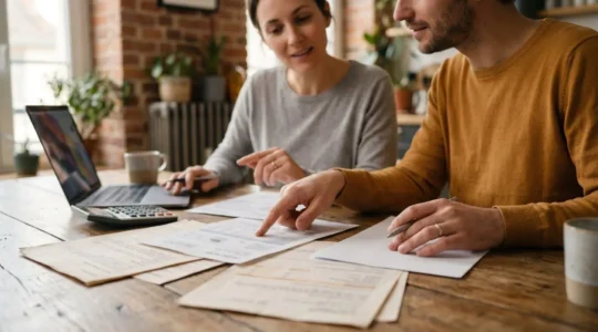 Couple consultant des documents de financement pour rénovation énergétique dans un intérieur chaleureux