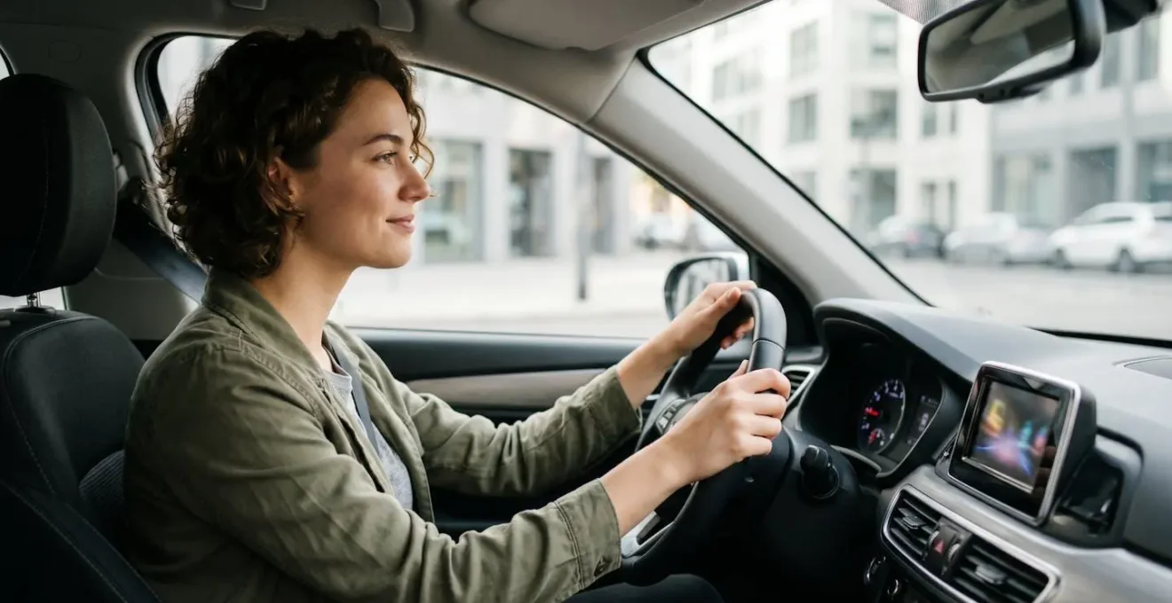 Jeune conducteur au volant d'une citadine moderne dans un environnement urbain lumineux