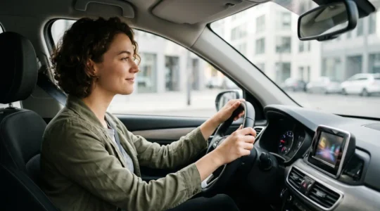 Jeune conducteur au volant d'une citadine moderne dans un environnement urbain lumineux