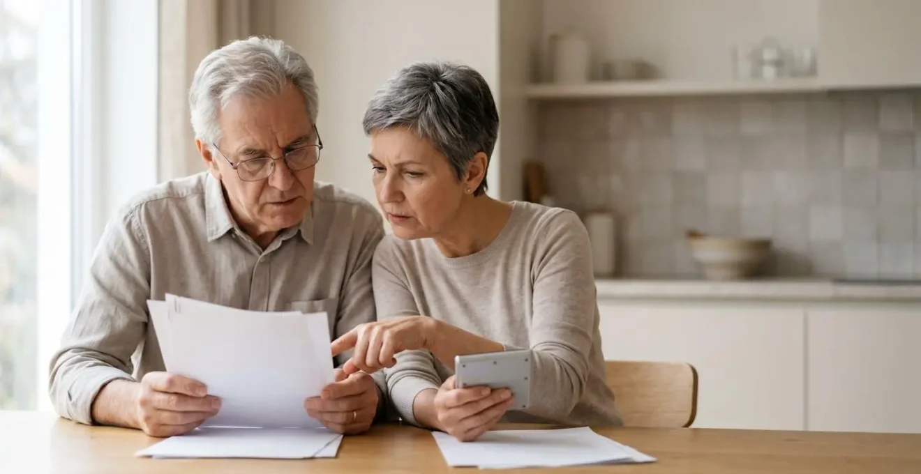 Seniors analysant les hausses de tarifs de leur mutuelle sante avec documents et calculatrice