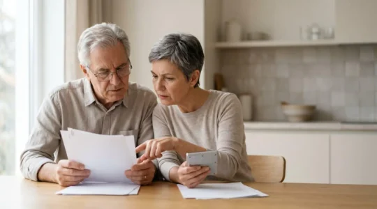 Seniors analysant les hausses de tarifs de leur mutuelle sante avec documents et calculatrice