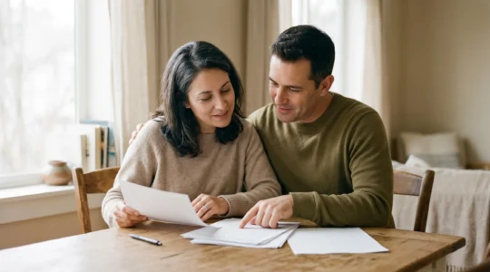 Scène évoquant la protection financière d'un couple face aux décisions d'assurance emprunteur