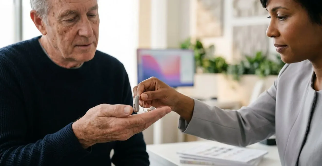 Professionnel de santé et patient lors d'une consultation sur les aides auditives avec réduction du reste à charge