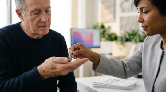 Professionnel de santé et patient lors d'une consultation sur les aides auditives avec réduction du reste à charge