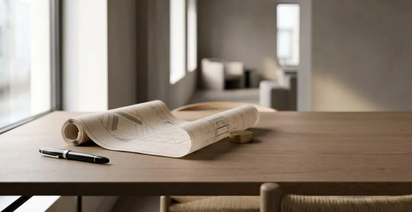 Vue d'ensemble d'un projet immobilier avec documents de planification et plans architecturaux