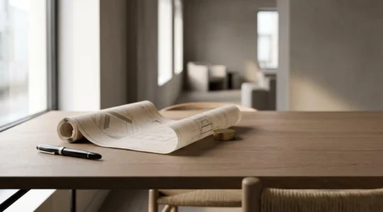 Vue d'ensemble d'un projet immobilier avec documents de planification et plans architecturaux