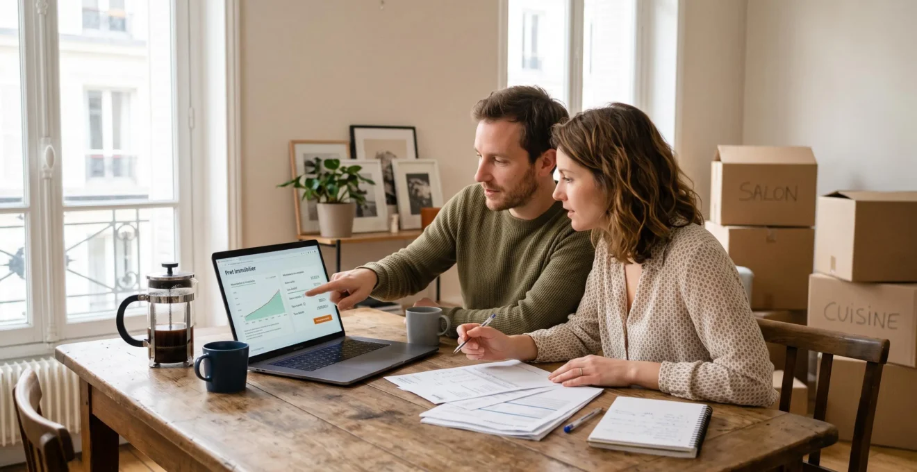 Un couple compare une simulation de crédit immobilier sur un ordinateur portable à domicile.