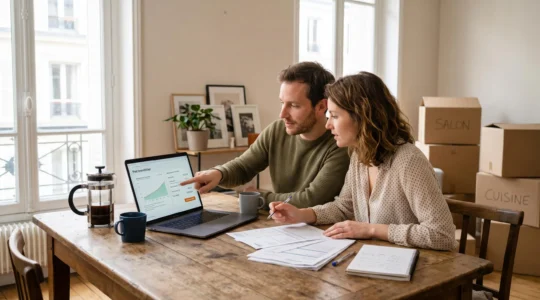 Un couple compare une simulation de crédit immobilier sur un ordinateur portable à domicile.