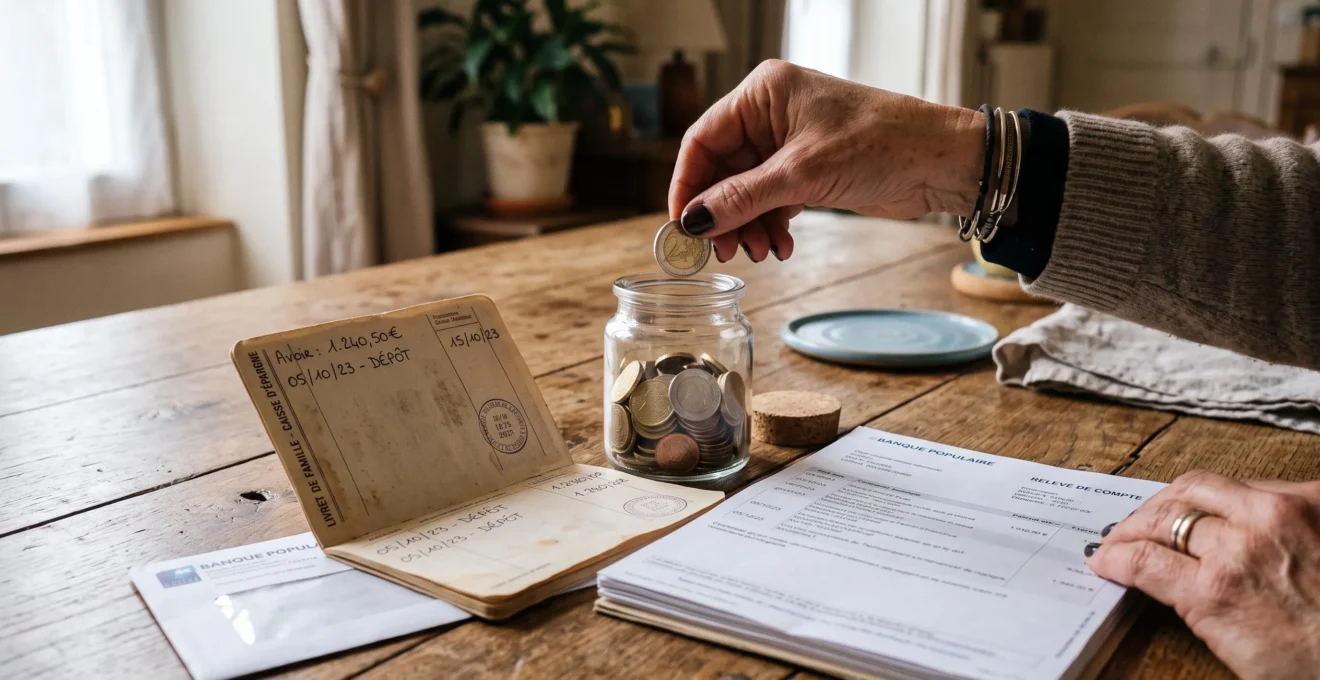 Une main dépose des pièces dans un bocal à côté de relevés bancaires et d'un livret d'épargne.