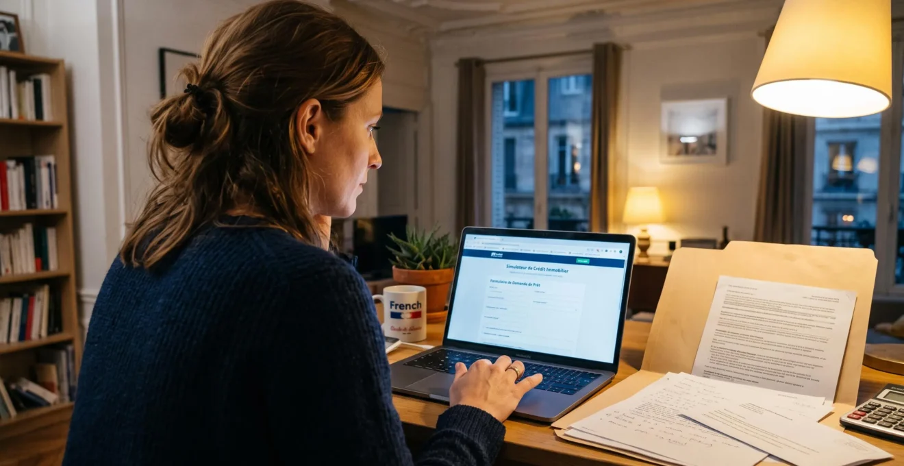 Une femme remplit une simulation de crédit immobilier en ligne sur son ordinateur portable.
